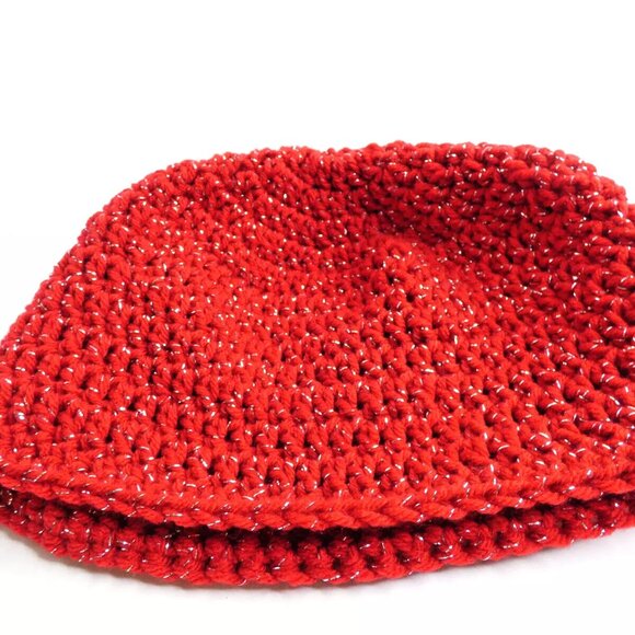 Red Beanie Skull Cap Gold Men Women Winter Hat Handmade Crochet Hand Knit OS - Picture 7 of 8